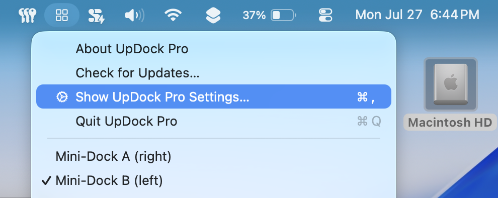 UpDock Pro menu open with Show UpDock Pro Settings selected