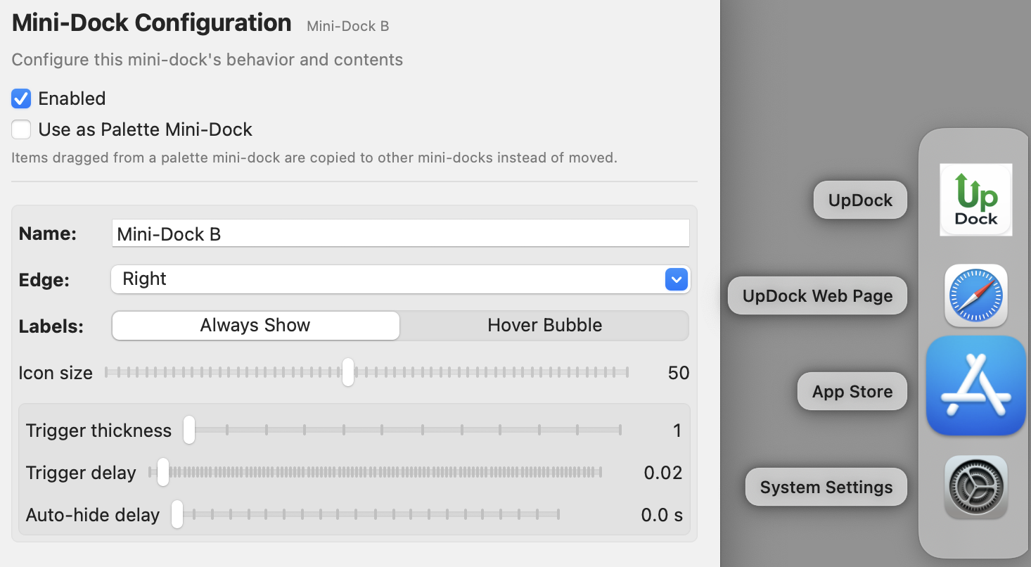 UpDock settings window showing mini-dock configuration