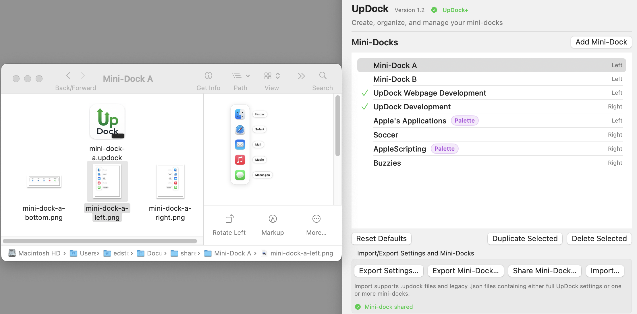 Share Mini-Dock export folder with PNG previews