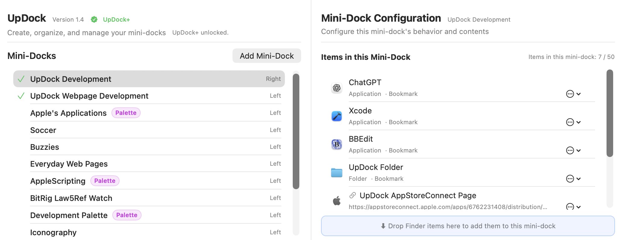UpDock settings window showing mini-dock configuration